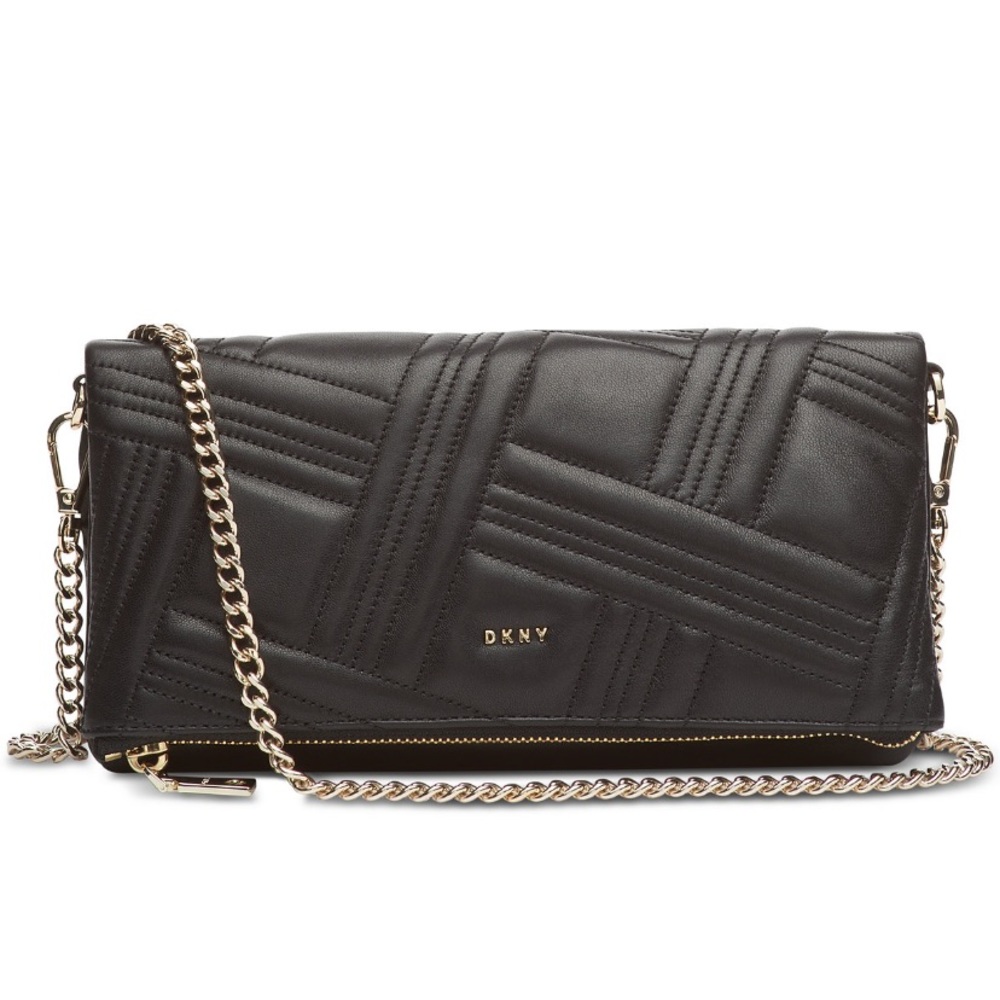 DKNY Black Leather Fold-Over Clutch – Crossbody & Shoulder Bag NWT